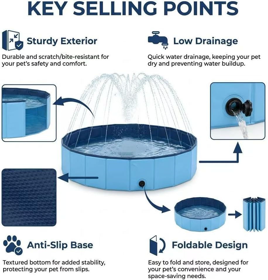 Large Foldable Dog Pool with Sprinkler, Outdoor Collapsible Non-Slip Swimming Pool,Portable PVC Pet Bathing Tub for Pet,47 * 12"