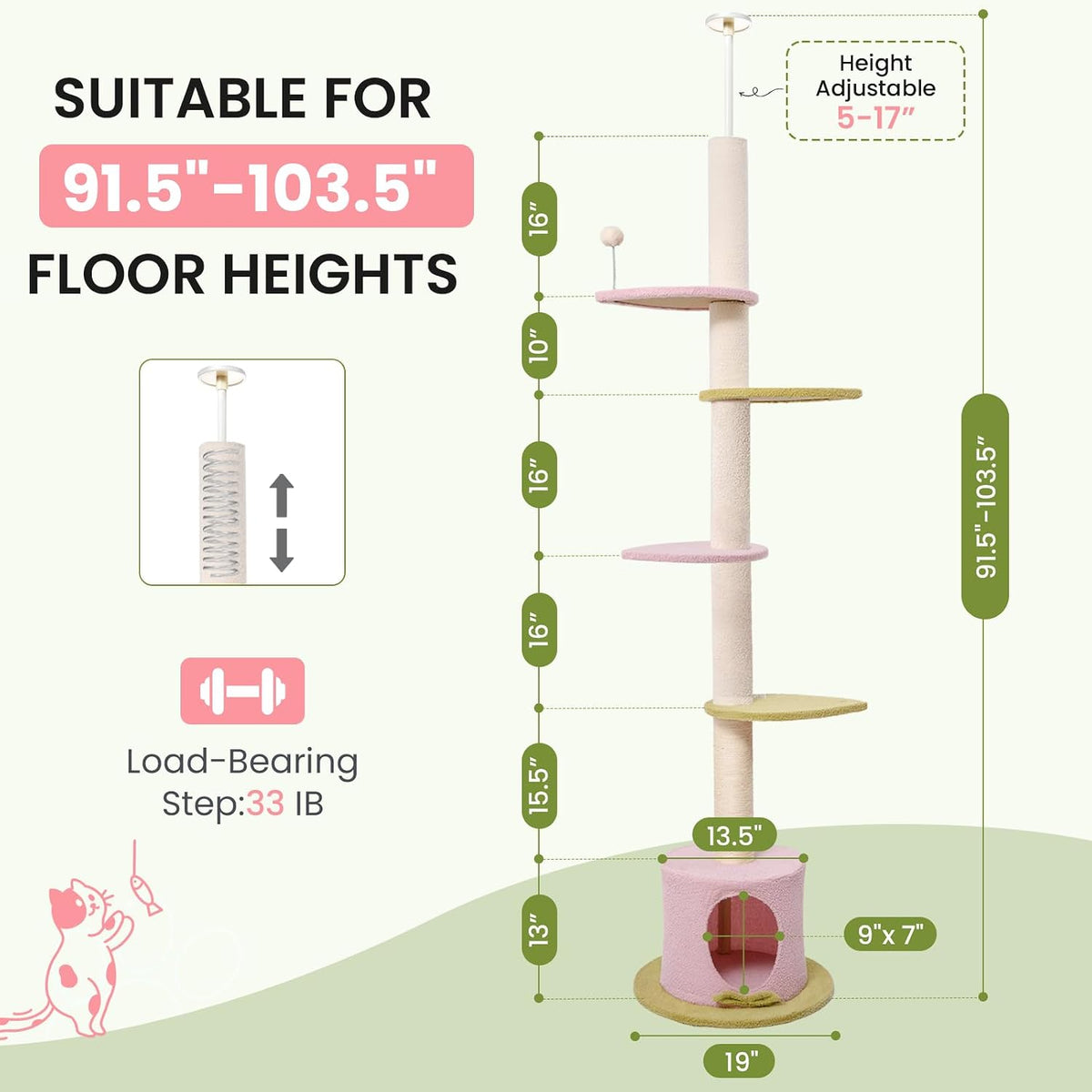 Max & Marlow 95-108" Floor to Ceiling Adjustable Cat Tree, Pink