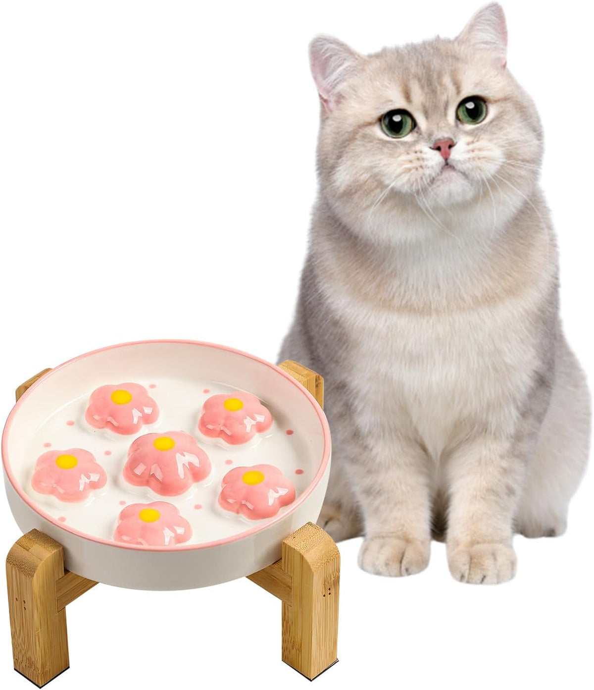 Elevated Ceramic Slow Feeder Cat Bowl with Anti-Slip Bamboo Stand