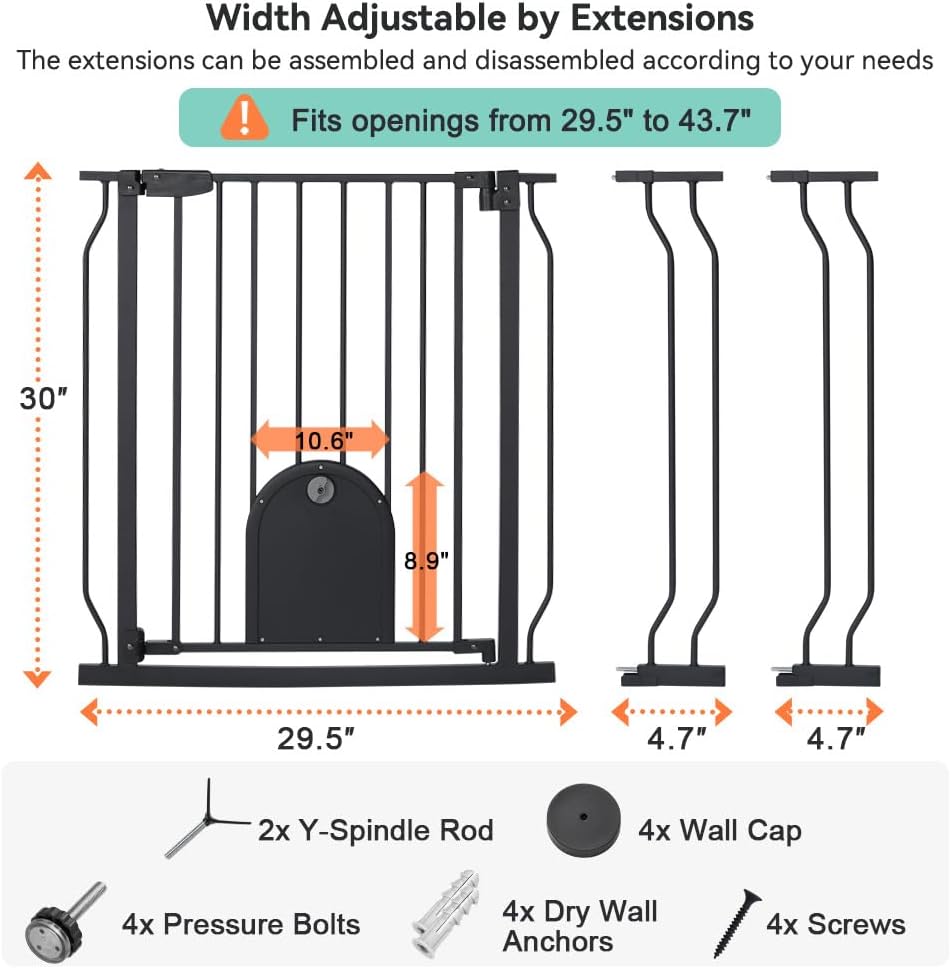 COMOMY 29.5-43.7" Pet Gate with Adjustable Cat Door for Stairs Doorways
