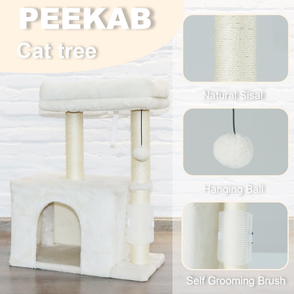 PEEKAB Small Cat Tree Tower,Scratching Post with Condo and Perch for Indoor Cats and Kittens,with Dangling Ball Massage Brush,Beige