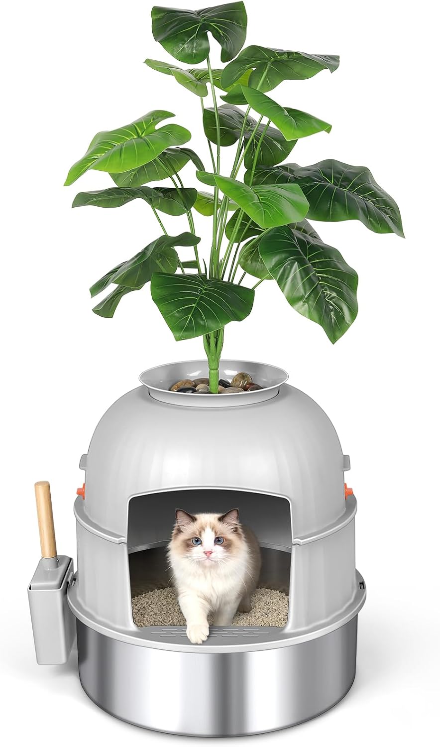 Hidden Plant Litter Box with Scoop, Stainless Steel Litter Box Plant, Grey