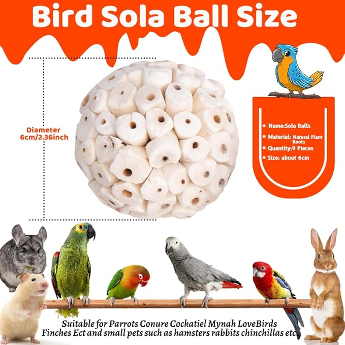 9 Pack Bird Toy Sola Balls, Natural Parrot Soft Chew Shredding & Foraging Toy - Image 2