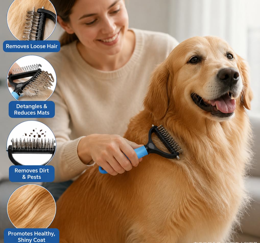 Dog Pro Grooming Tool - Dual-Sided Deshedding Dog Brush and Dematting Comb for Dogs & Cats, Undercoat Rake for Dogs, Comfortable Pet Grooming Brush, Dog Grooming Supplies
