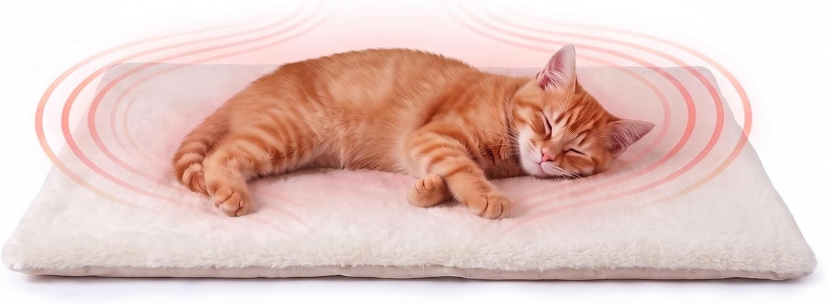 FunFurry Self Warming Cat Bed, Heating Cat Pad, Extra Soft Flannel Surface, Removable ＆ Washable, Thick Thermal Mat with Non-Slip Bottom (Ivory, 24" X 18")