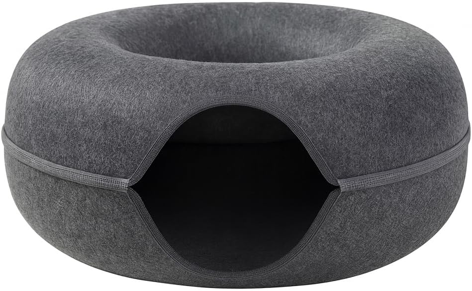Grey Cat Tunnel & Donut Bed Cave for Indoor Cats – Large Felt Cat Toys Interactive Hideaway, No-Collapse, Scratch-Resistant, Washable Cat House, Cat Enrichment, Bored Indoor Cats & Kittens Gift Toy