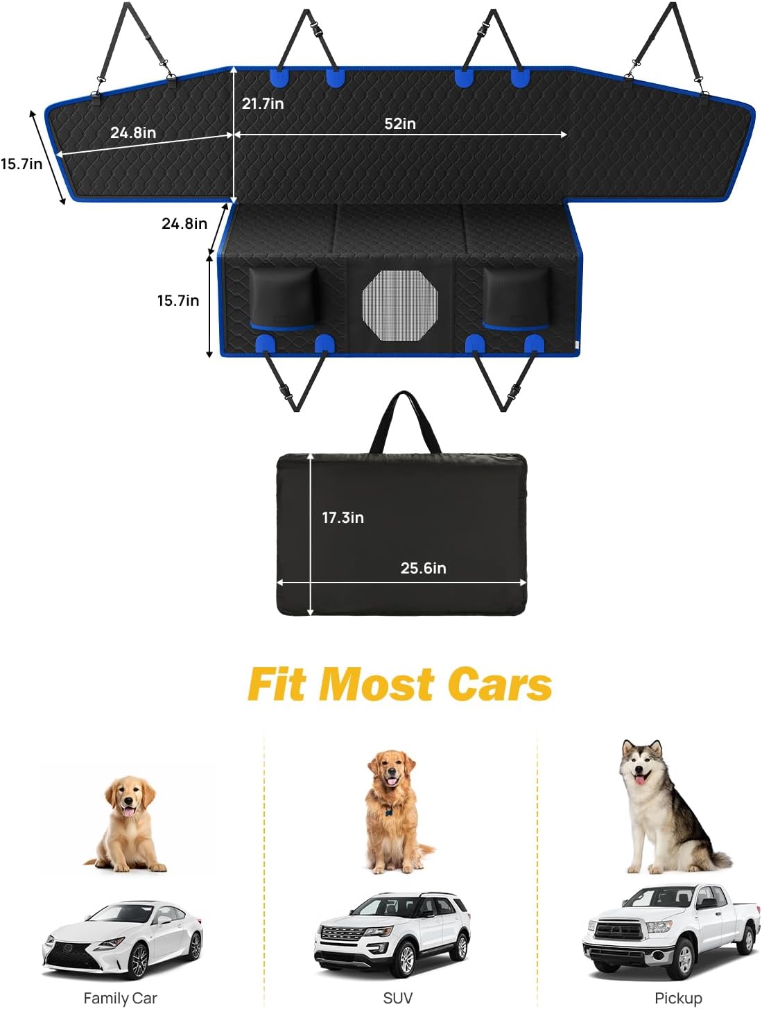 JOYTUTUS Dog Car Seat Cover for Back Seat with Hard Bottom, Back Seat Extender for Dogs Supports 400lb, Pet Cover with Mesh Window, Travel Bed Waterproof Dog Hammock for Car Truck SUV