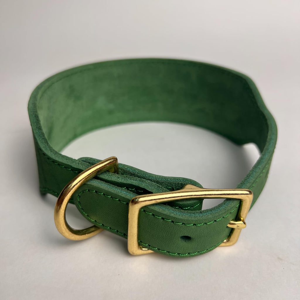 Handmade Greyhound Leather Collar Wide Full Grain Leather Dog Collar with Brass Buckle, Vintage Anti-Pull Whippet & Sighthound Collar for Hounds (Green,L-Neck 35-43cm)