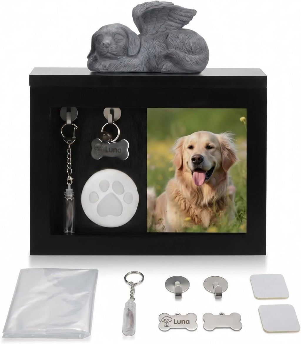 Pet Memorial Shadow Box, Paw Print Clay & Keepsake Bottle with Angel Statue
