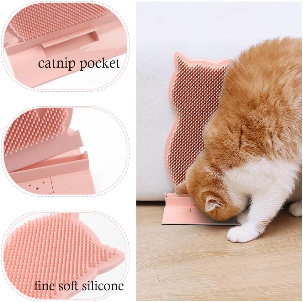 Cat Self Grooming Scratcher, Kitten Scratch Pad, Cat Itching Brush, Corner Wall Standing Scratching Brushes, Pet Back Itching Board with Catnip Tray, Massager Comb for Molt Period, Pet Toy