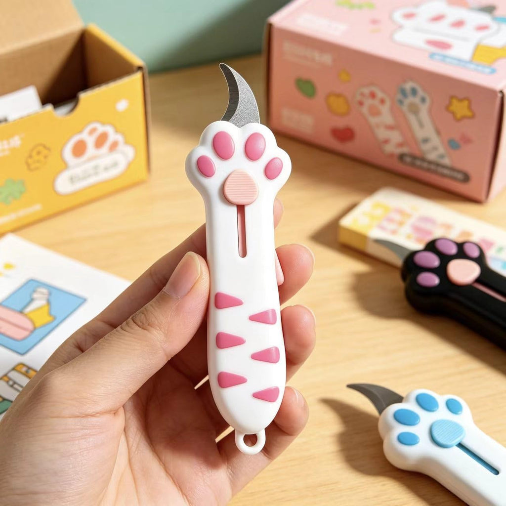 Cat Paw Box Cutter 3-Piece Set, Retractable Cat Claw Knife with Cute Paw Handle, Portable Utility Box Opener for Home Office Package Carton & Tape Cutting