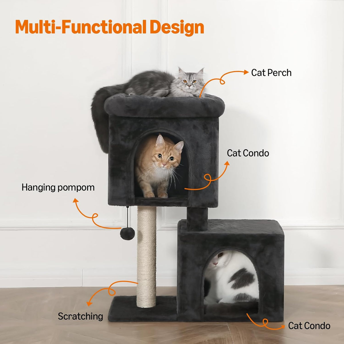 Amazon Basics 30-Inch Cat Tree Tower, Activity Center with 2 Plush Condos, Sisal Scratching Post and Hanging Pompom, Gray