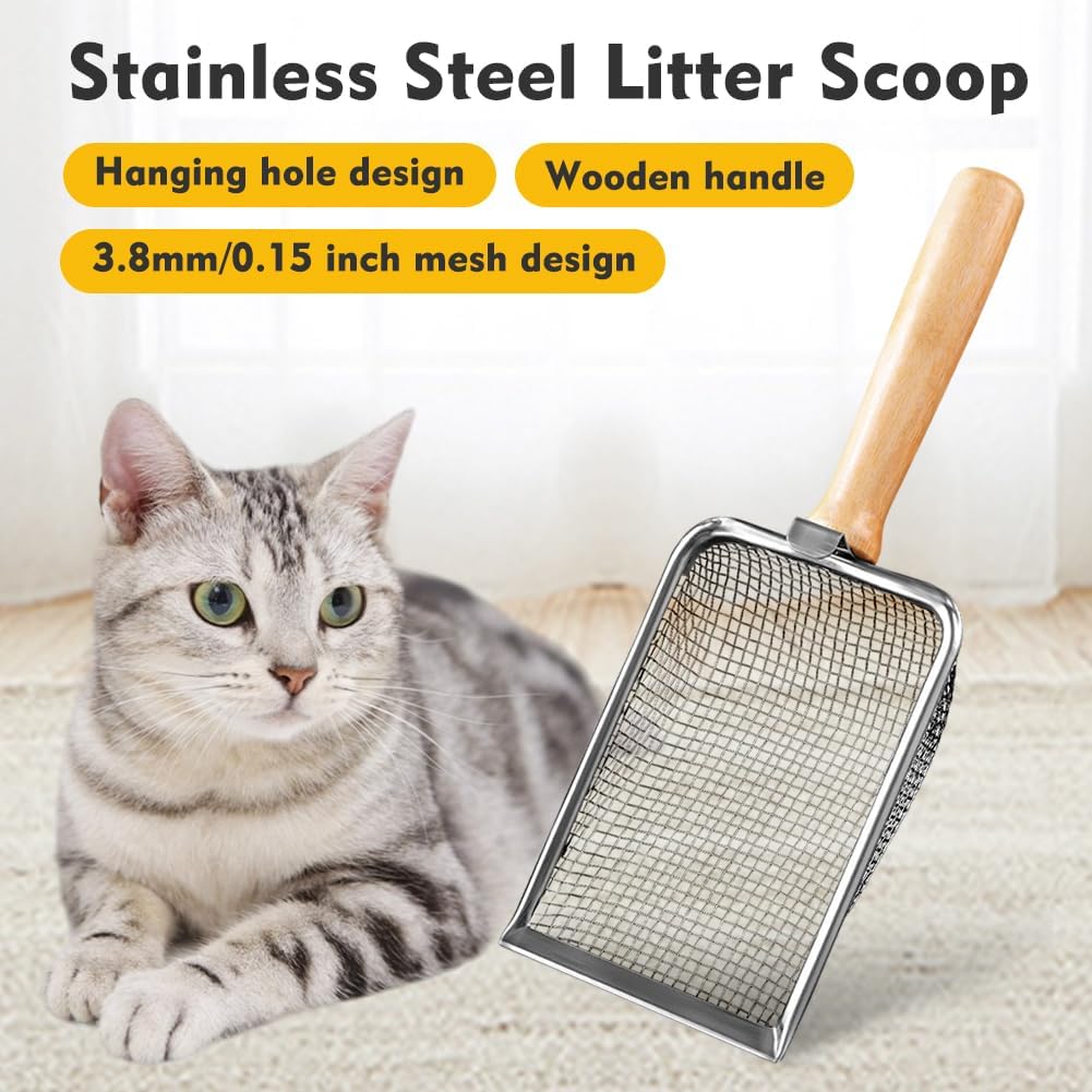 Cat Litter Scoop, Long Handle Scooper Beach Mesh Shovel,Practical Beach Deep Shovel, Stainless Steel Mesh Scooper,Heavy Duty Litter Scooper, Kitten Poop Sifting Cleaning Scoop(COLOR:Wood Handle)