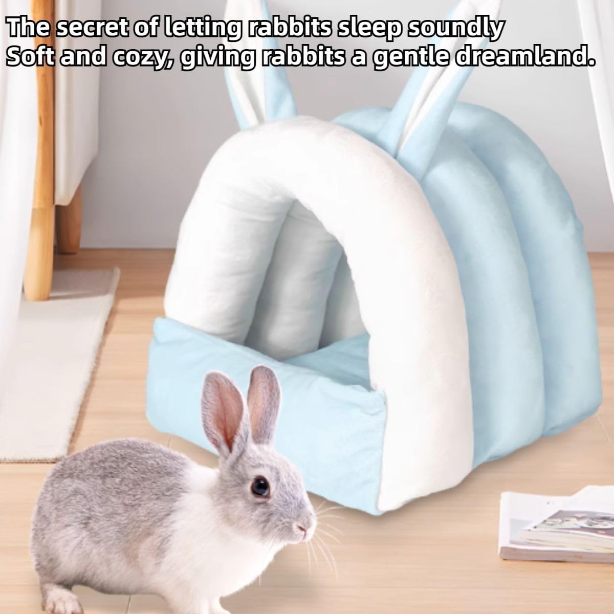 Adorable Bunny Bed Guinea Pig Hideout Warm Rabbit House Soft Cave Tent Washable Small Animal Nest (Blue)