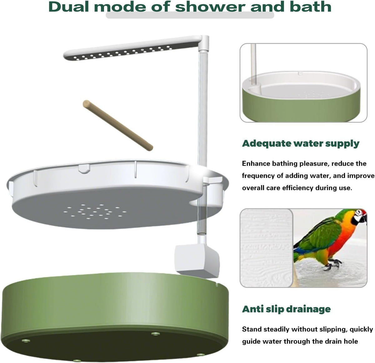 Parrot Bathtub, Automatic Bird Bath with Pump, Bird Bath Shower, Automatic Circulating Water Bathtub for Lovebird, Cockatiel, Finches, Cockatoo, Conure, Green