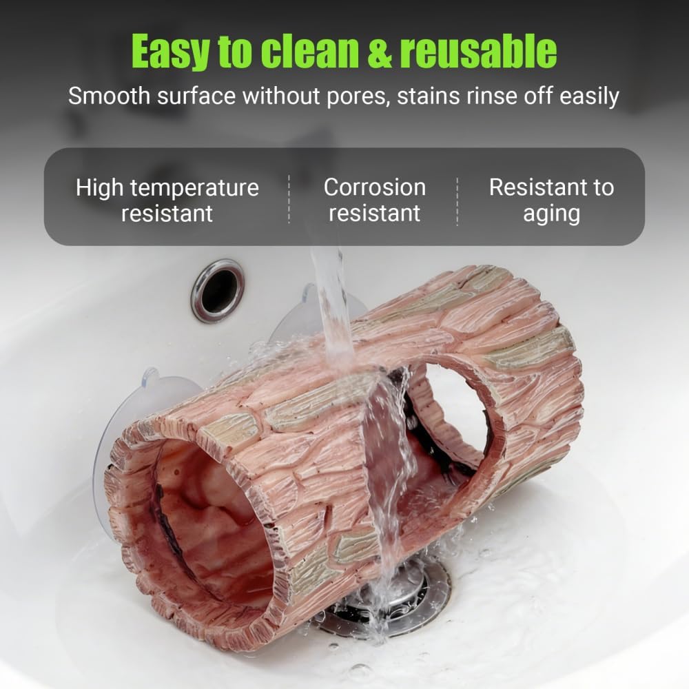 Reptile Hideout Cave, Resin Tree Trunk Shape Lizard Hide Habitat with Suction Cups Terrarium Decor for Gecko Lizards Tree Frogs Fish