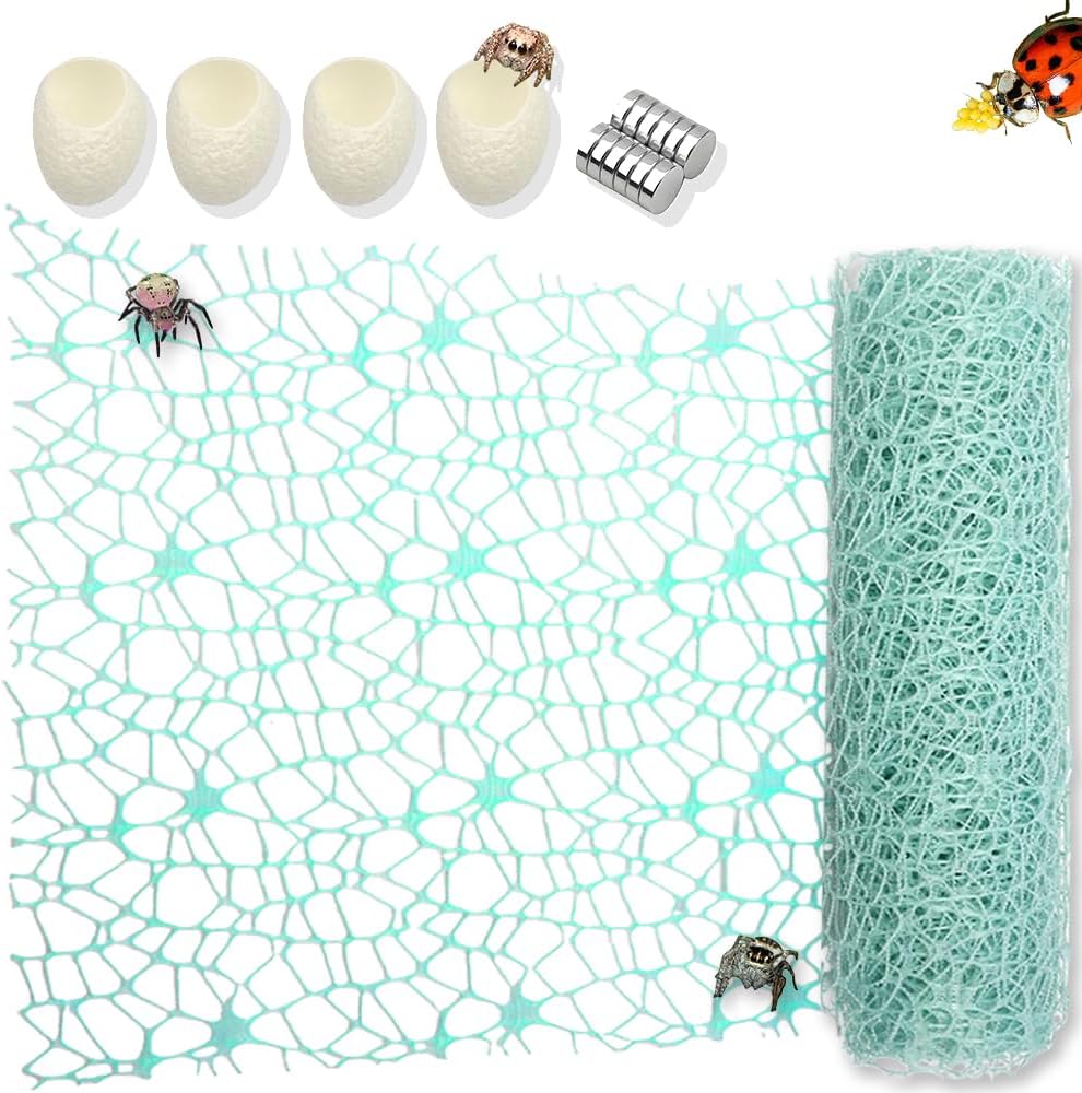 2 Pack Large Size Jumping Spider Netting Enclosure Climbing Toy Habitat Accessories Green Webs with Magnets and Silk Cocoons Nest (9.8 x 177 inches)