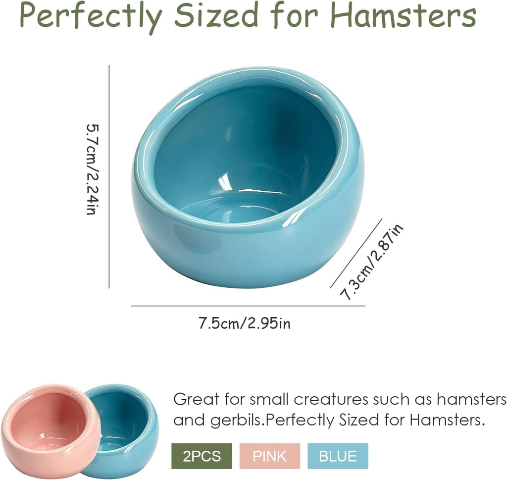 Hamster Food Bowl 2 Packs, Ceramic Slanted Bowl Food Dish Water Bowl for Dwarf Hamster Gerbil Mouse Rat Chinchilla Hedgehog Guinea Pig, Blue and Pink