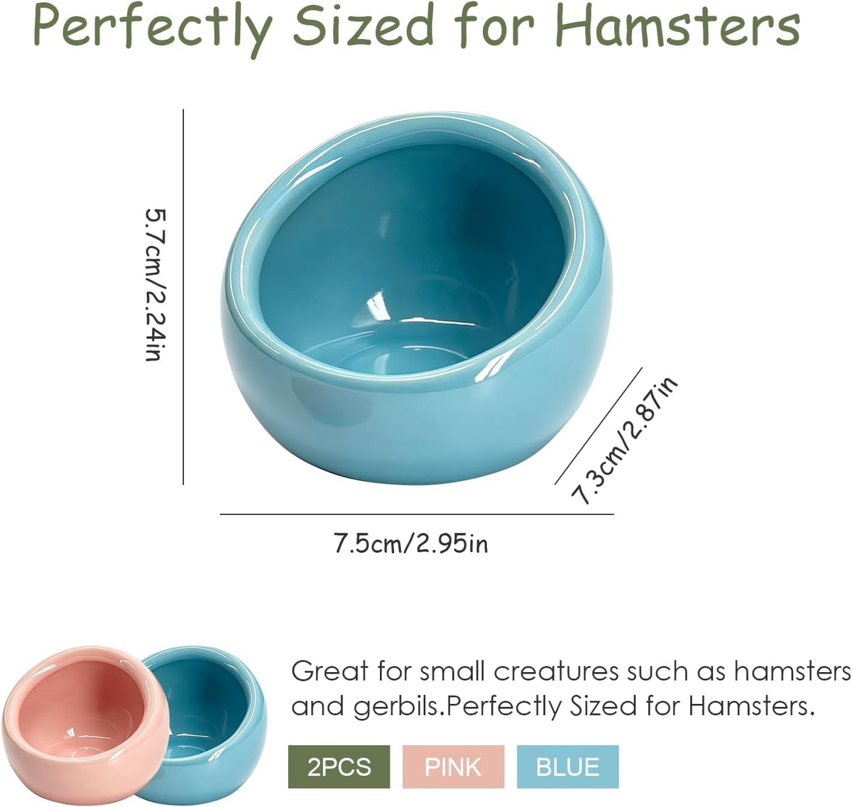 Hamster Food Bowl 2 Packs, Ceramic Slanted Bowl Food Dish Water Bowl for Dwarf Hamster Gerbil Mouse Rat Chinchilla Hedgehog Guinea Pig, Blue and Pink