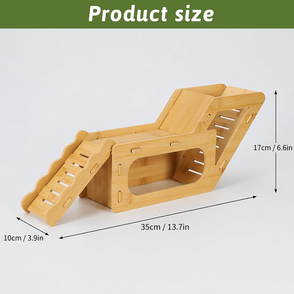 Bamboo Hamster Hideout House with Platform Dual Ramps and Ladder