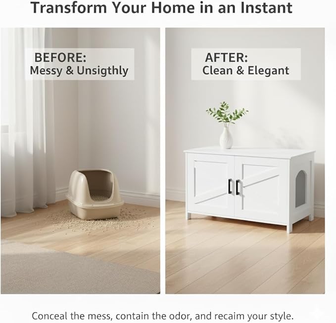 Homhedy Cat Litter Box Enclosure, Wooden Cat Washroom Furniture - Image 3