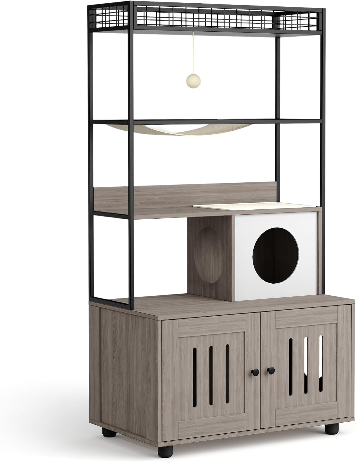 Hidden Cat Litter Box Enclosure Furniture with Storage Rack and Hammock