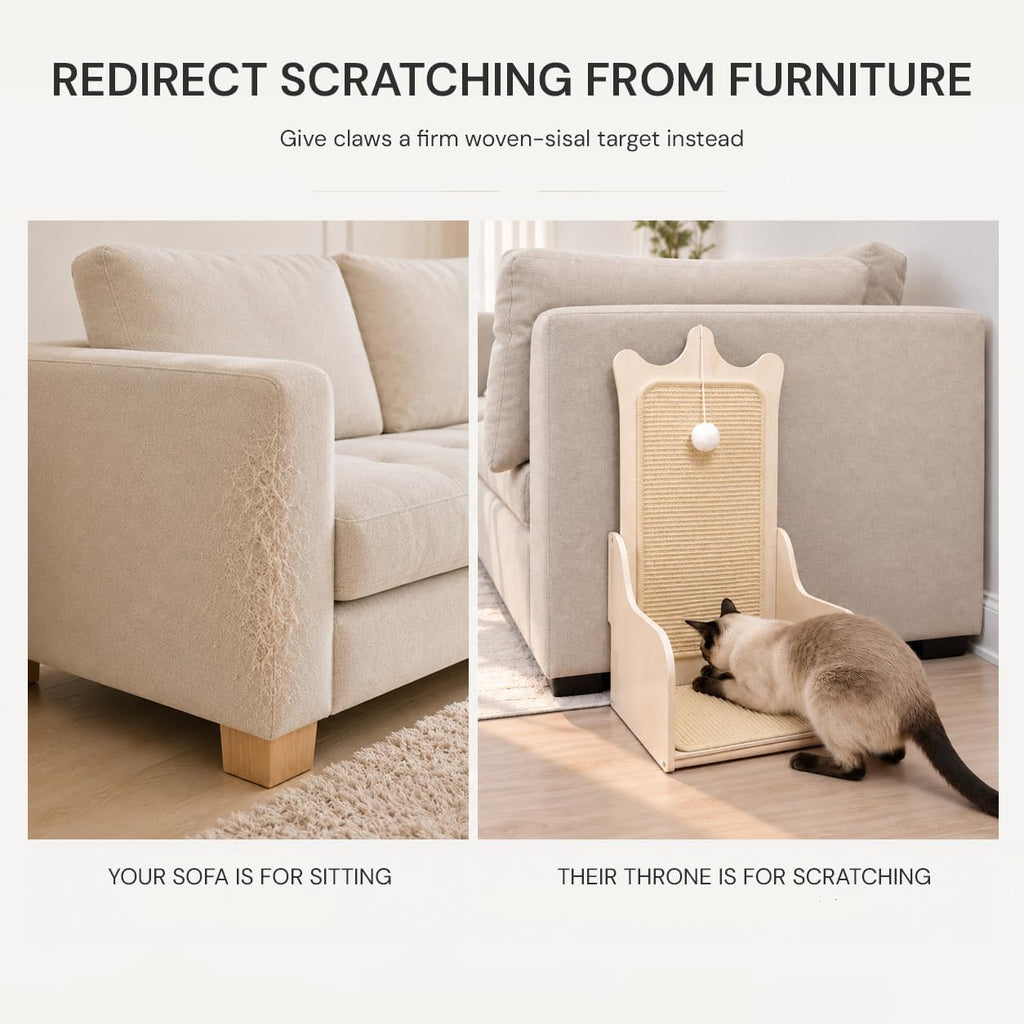 L-Shaped Vertical Sisal Cat Scratcher, Wooden Throne-Inspired Design