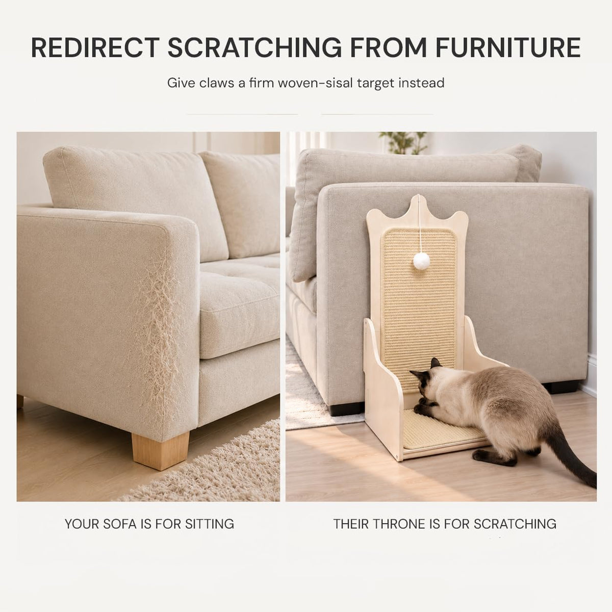 L-Shaped Vertical Sisal Cat Scratcher, Wooden Throne-Inspired Design