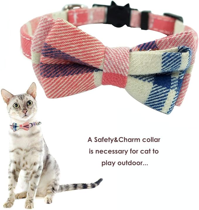 Cat Collar Breakaway with Bell and Bow Tie, Plaid Design Adjustable Safety - Image 5