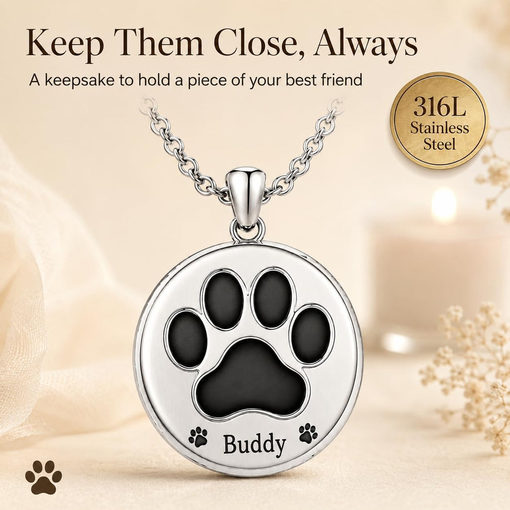Buddy Pet Memorial Necklace for Ashes, Pre-Engraved Paw Print Cremation Urn Pendant for Dog, 316L Stainless Steel Twist-Open Keepsake, Sympathy Gift — Name Reads Buddy, Not Customizable