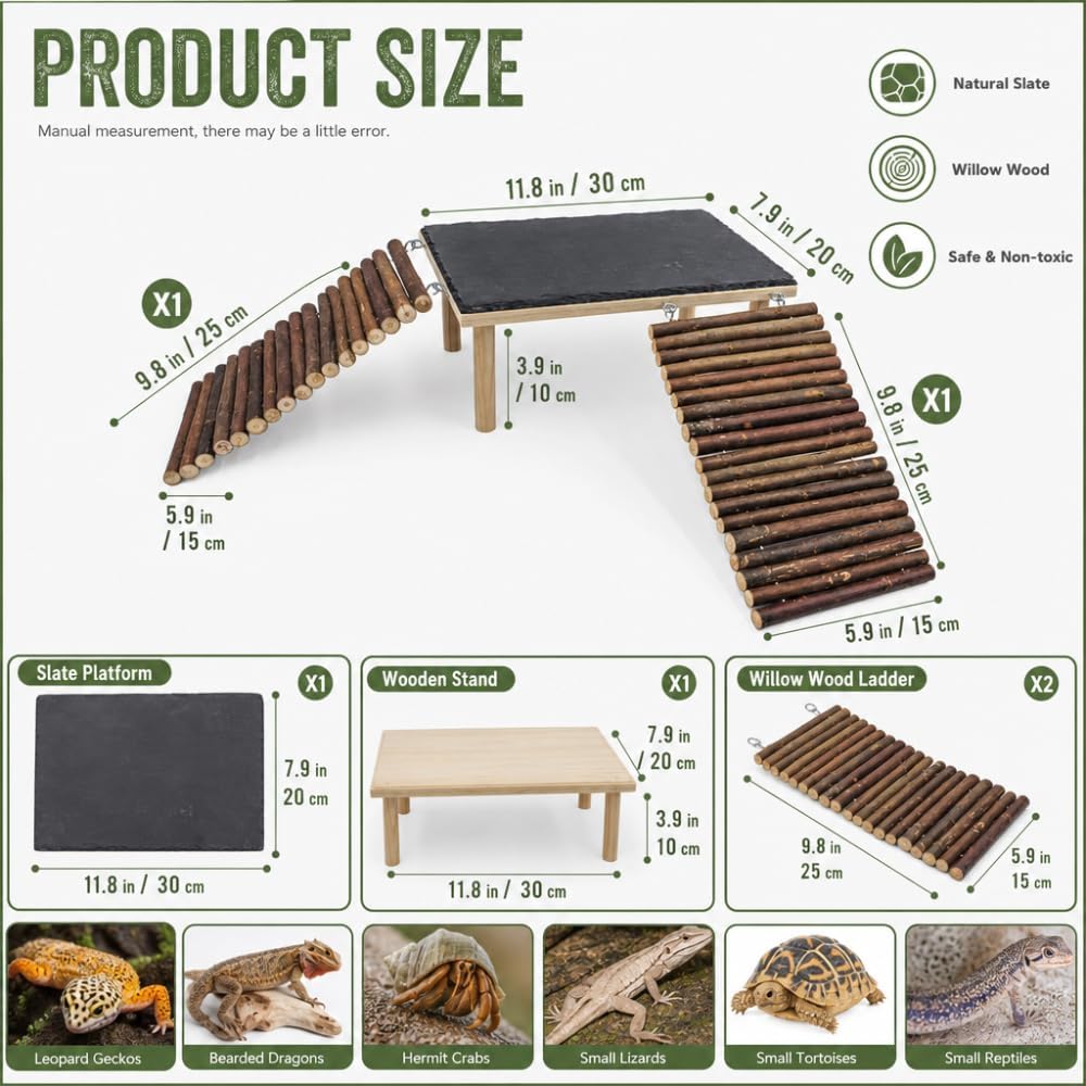 Large Reptile Basking Platform with Slate Top and 2 Willow Wood Ladders, 11.8 x 7.9 in Raised Climbing Ramp for Bearded Dragons, Leopard Geckos, Lizards, Tortoises, Toads and Terrariums