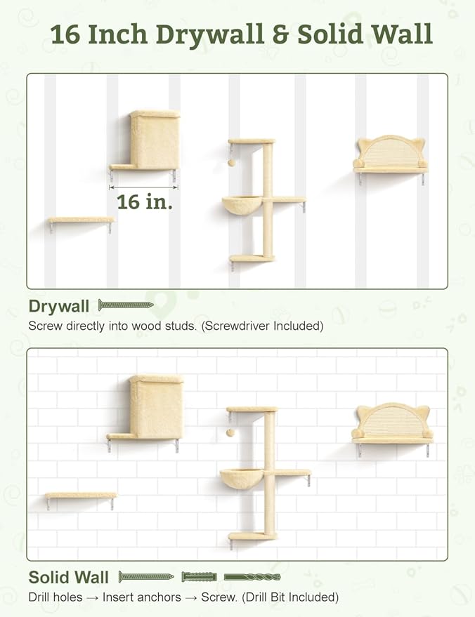 5-in-1 Cat Wall Shelves, Solid Wood & Velvet & Sisal Scratcher, 44lbs Max Load - Image 7