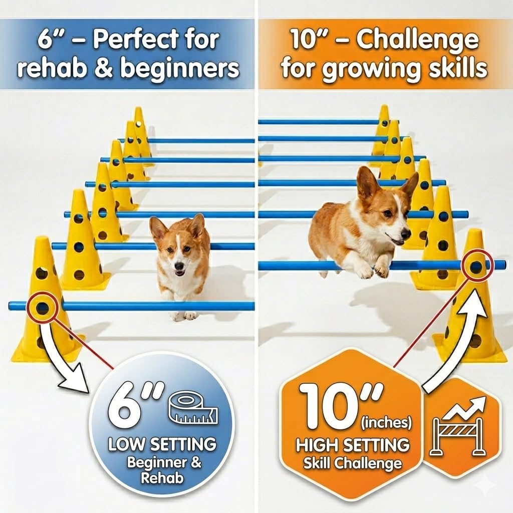 Dog Agility Equipment Set, 6 Adjustable Hurdles with 12 Cones and Poles