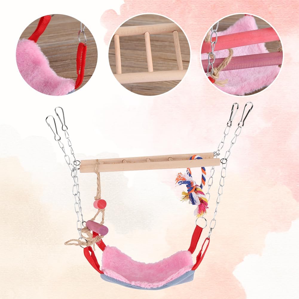 Small Animal Suspension Bridge, Hanging Cage Accessory with Hammock and Climbing Toys - Ladder and Ring, Ideal for Rats, Ferrets, Guinea Pigs, Parakeets, Finches, Cockatiels (Pink)