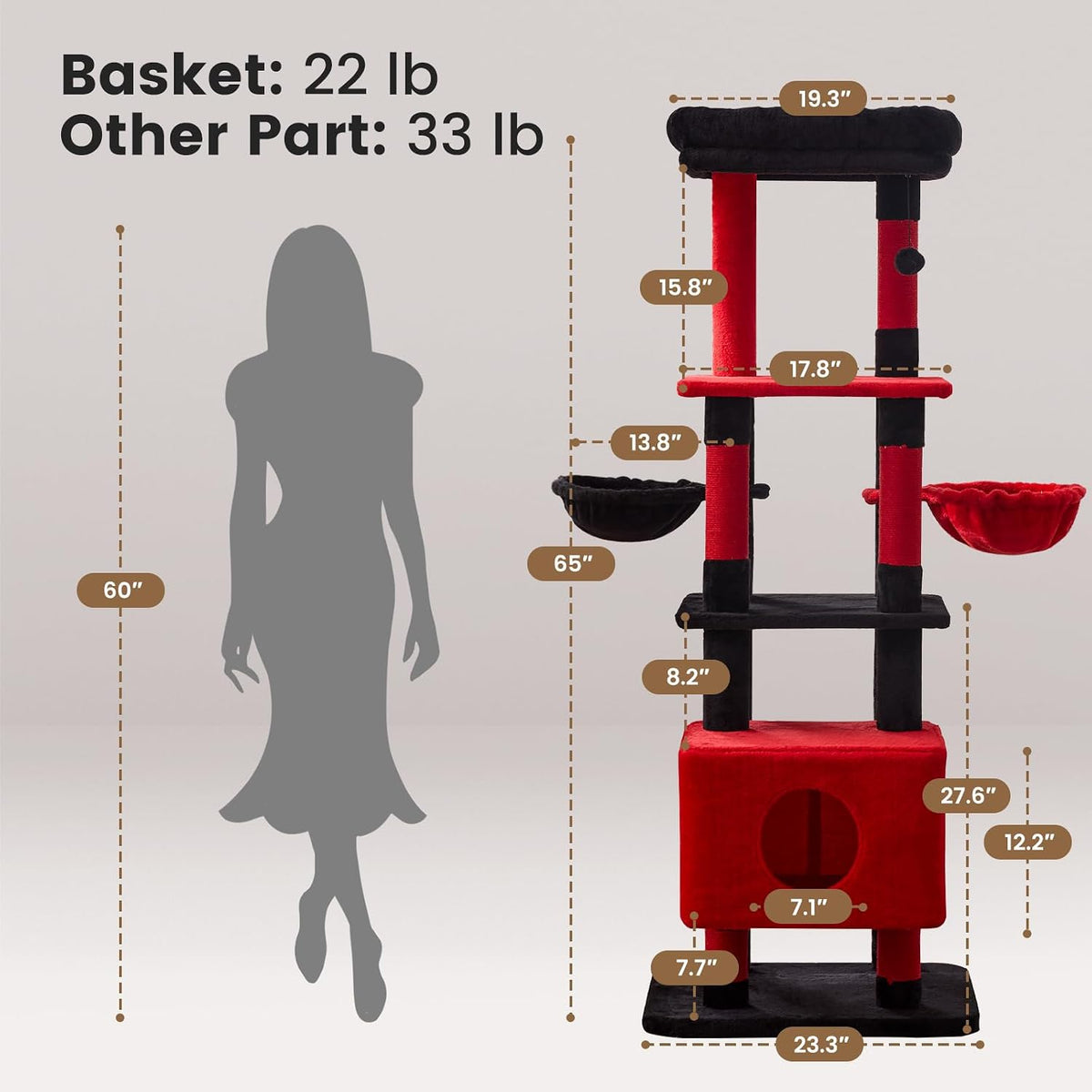 Cat Tree Tower for Large Cats 65 Inch - Heavy Duty Multi-Level Cat Furniture with Extra-Large Condo & Sisal Scratching Posts, Stable Cat Playground for Multiple Cats (Red, 66in)