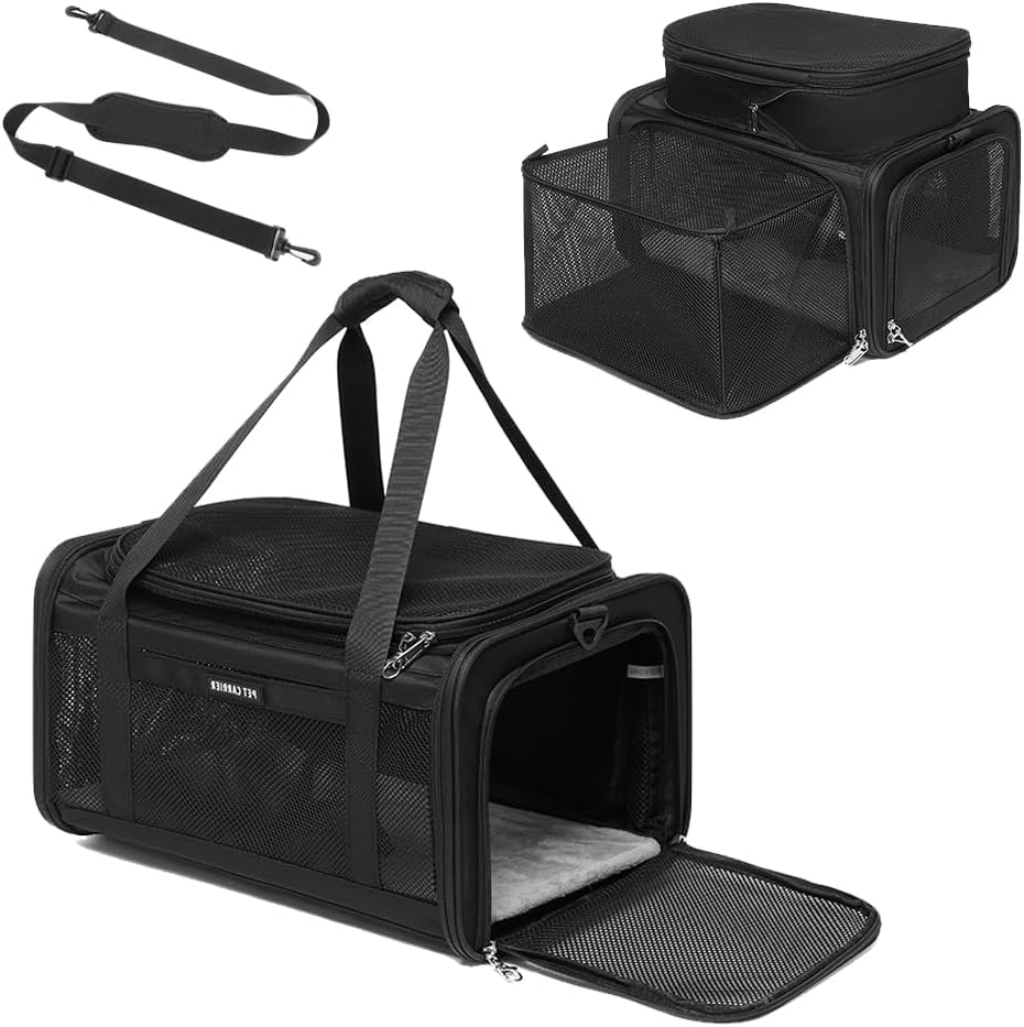 Airline Approved Pet Carrier for Cats and Small Dogs up to 15 lbs, Breathable Mesh, Portable Travel Bag for Bearded Dragon, Puppies Animal Hangbag, Rabbit Cage (Black, Expandable)