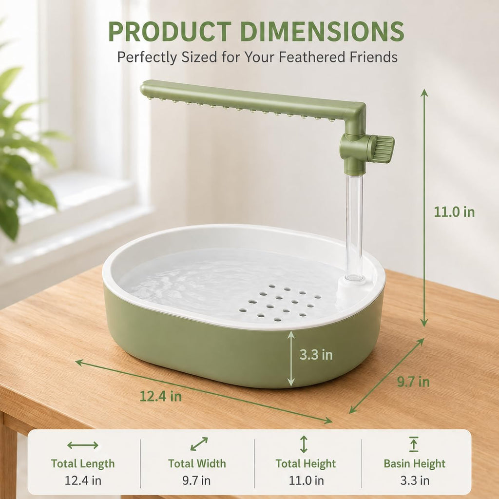 Bird Bath for Cage, Automatic Parakeet Bird Shower Fountain with 4 Natural Rattan Balls, Waterproof Mat, Adjustable Valve, Hidden Cable Pump, Dual Perch, Indoor Parrot Bathing Set, Light Green