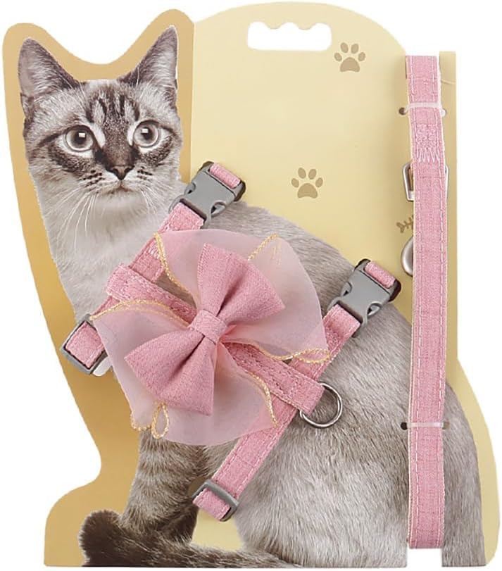 Adjustable Cat Harness with Leash and Bow-Tie, for Small to Medium Cats, Pink (Pink, M)