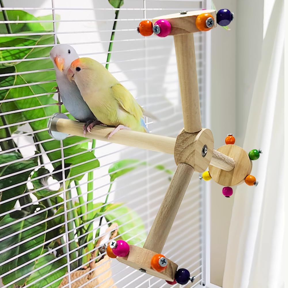 La La Pet Spinning Parrot Perch Stand Rotating Wood Windmill Hanging Perch Roller with Colorful Beads Funny Birdcage Toys for Conures Parrots Parakeets
