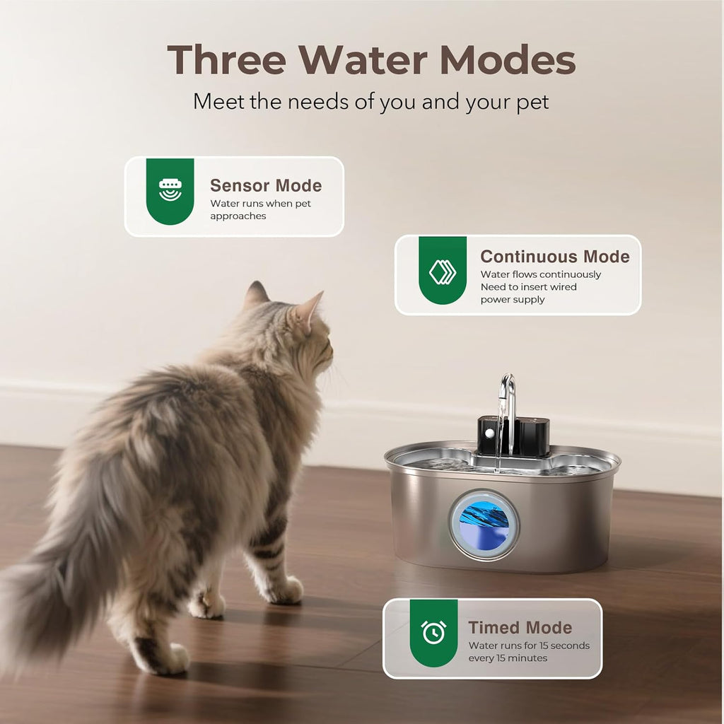 PEKTACO Wireless Cat Water Fountain, 108oz/3.2L Stainless Steel, 1 Filter