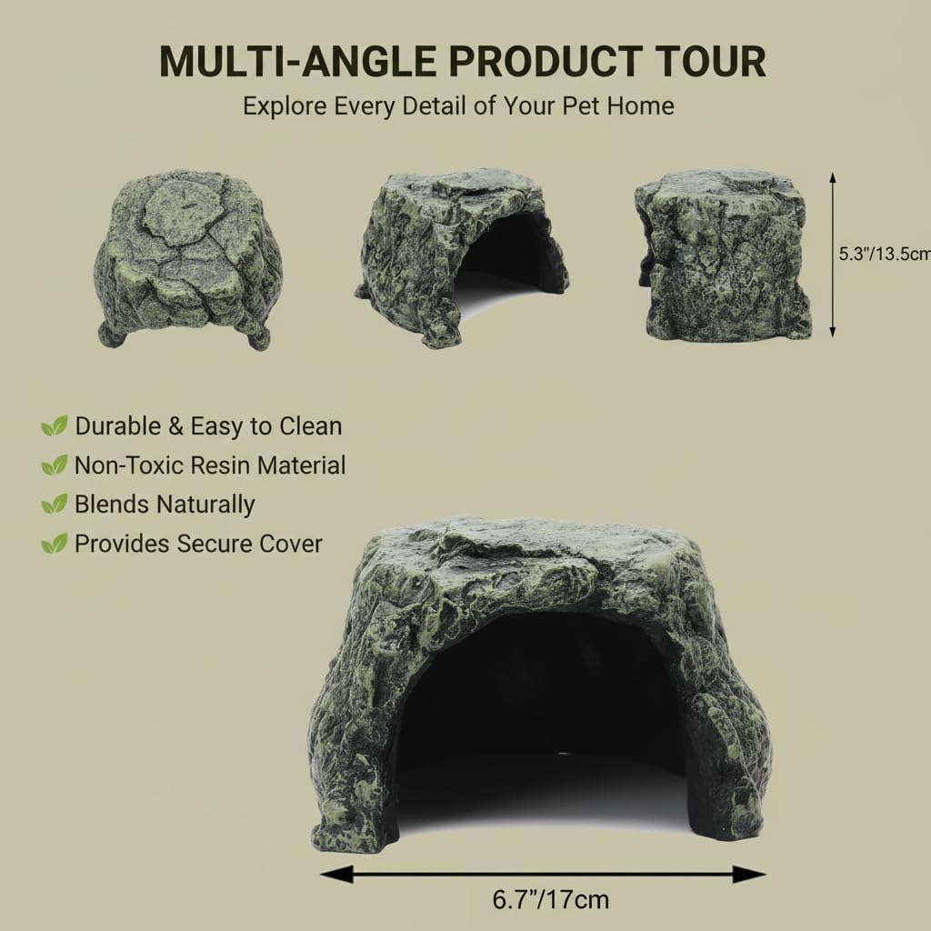 Generic Rock Hide Cave for Reptiles & Amphibians, Large Aquarium Fish Hide Cave Decoration, Stone Cave Hide House Terrarium & Aquarium Accessories for Betta, Shrimp, Turtle, Bearded Dragons, Lizards