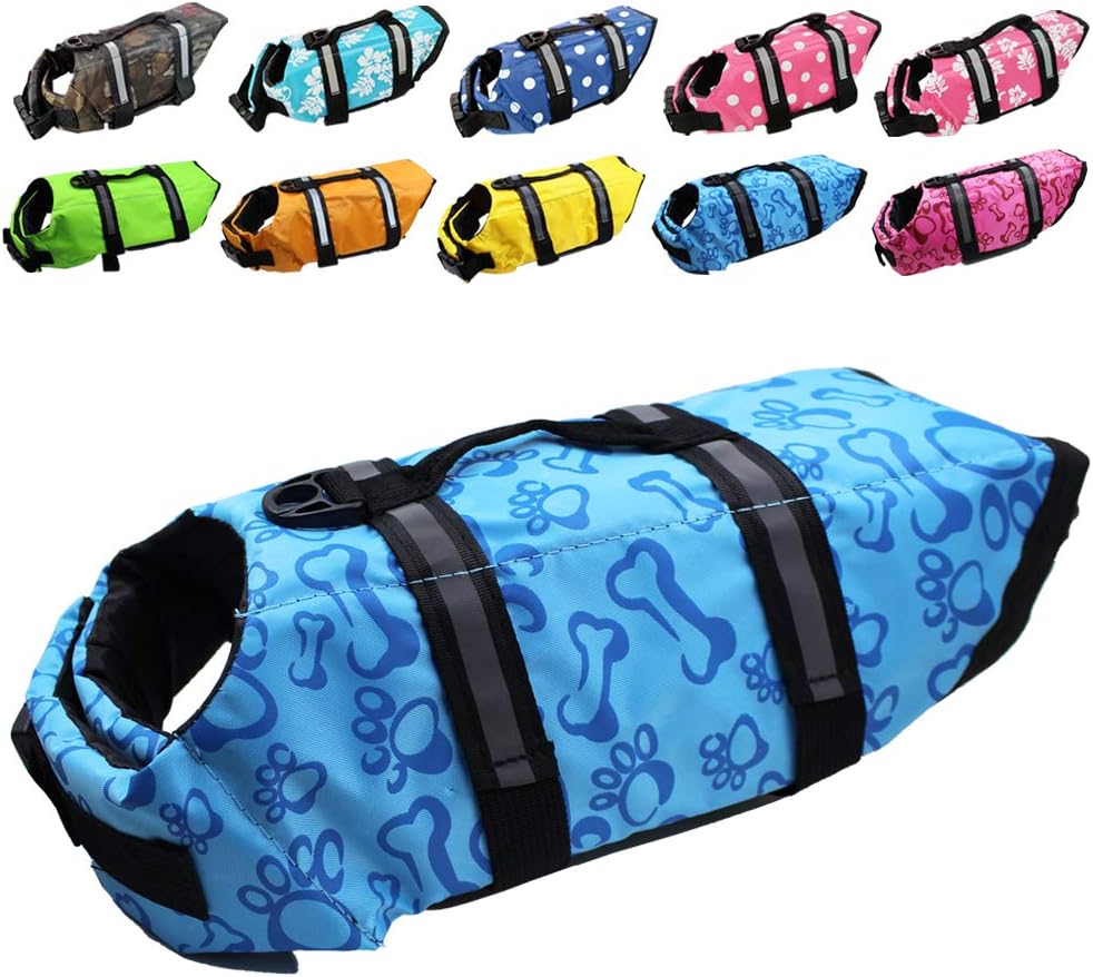Dog Life Jacket Easy-Fit Adjustable Belt Pet Saver Swimming Safety Swimsuit Preserver with Reflective Stripes for Doggie (S, Flowers and Blue)