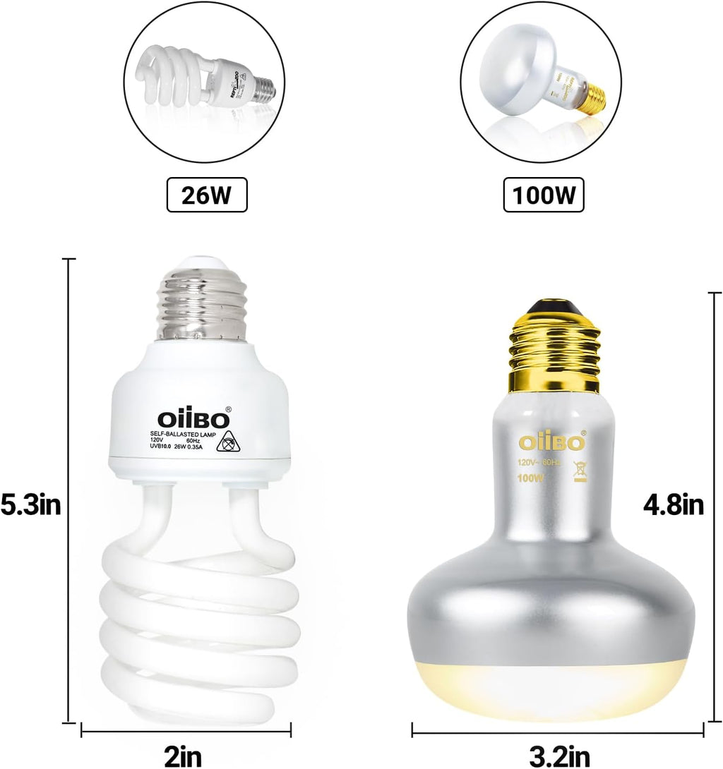 Reptile Heat Lamp Blub Combo Pack, Dual, Dual Reptile Lamp Fixture with Intense Basking Spot Light UVA Daylight Reptile Heat Lamp & 26W Energy Saving UVA 10.0 UVB Bulb Spiral Compact Bulb