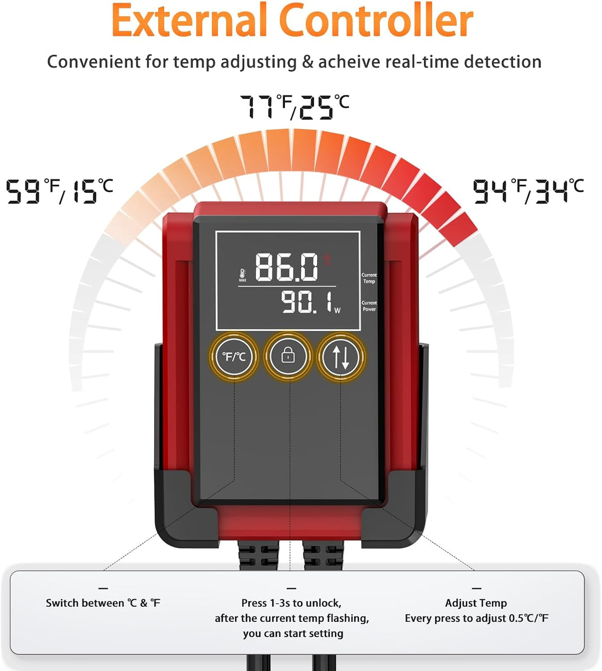 AQQA 800W Aquarium Heater PTC for Fish Tank 80-230 Gallon Submersible Thermostat Adjustable Temp Range 59-94℉ with Intelligent Overheat & Out-of-Water Auto Shut-Off Protection (800W for 80-230Gal)