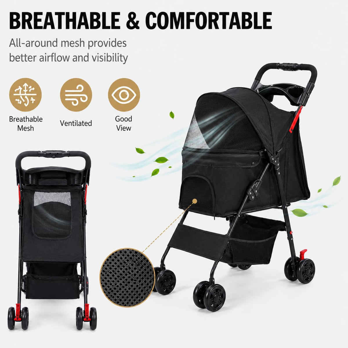 Dog Stroller, Pet Stroller with 4 Wheels, Foldable Dog Strollers for Small Medium Dogs & Cats, Cat Stroller with Storage Basket, Breathable Mesh, 360° Wheels & Rear Brakes Black