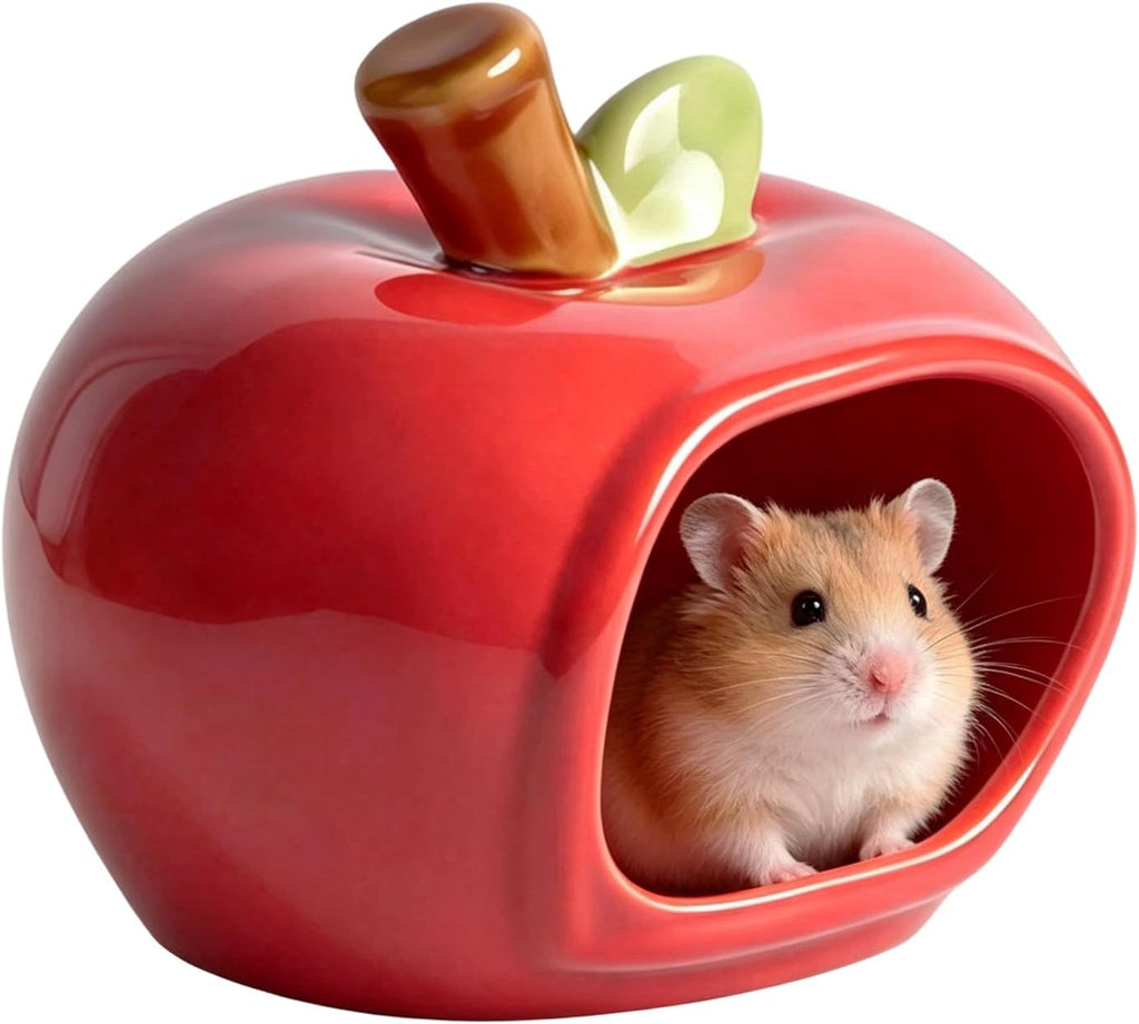 Ceramic Hamster Hideout, Cozy Pet House for Gerbil & Mice, Red, Large
