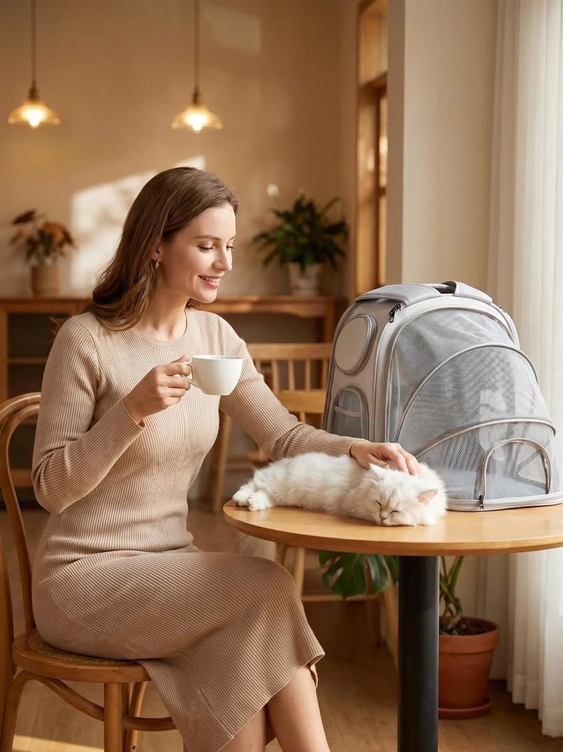Expandable Cat Backpack Carrier with Interactive Side Petting Openings