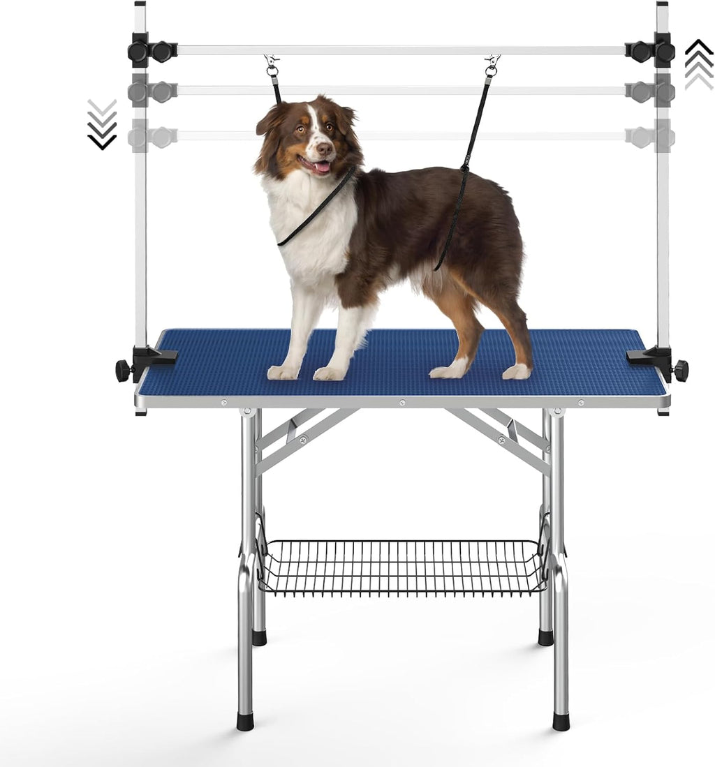 Lyromix 36'' Stainless Steel Pet Dog Grooming Table, Arm/Noose/Tray, Blue