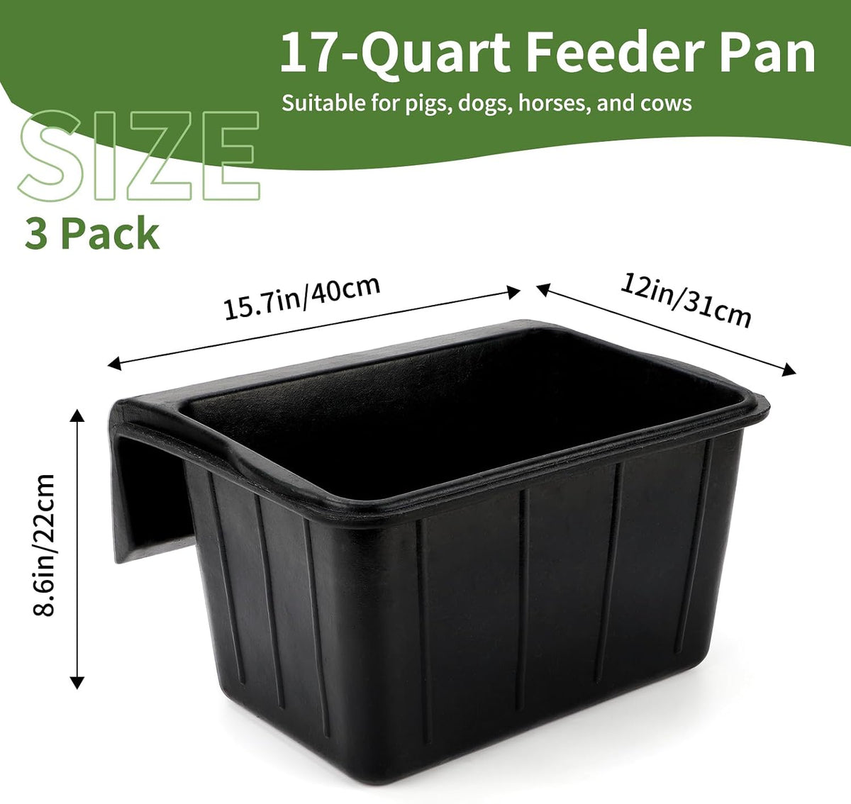 3 Pack 17 Quart Rubber Feed Pan, Horse Feed Pan with Stall Hook