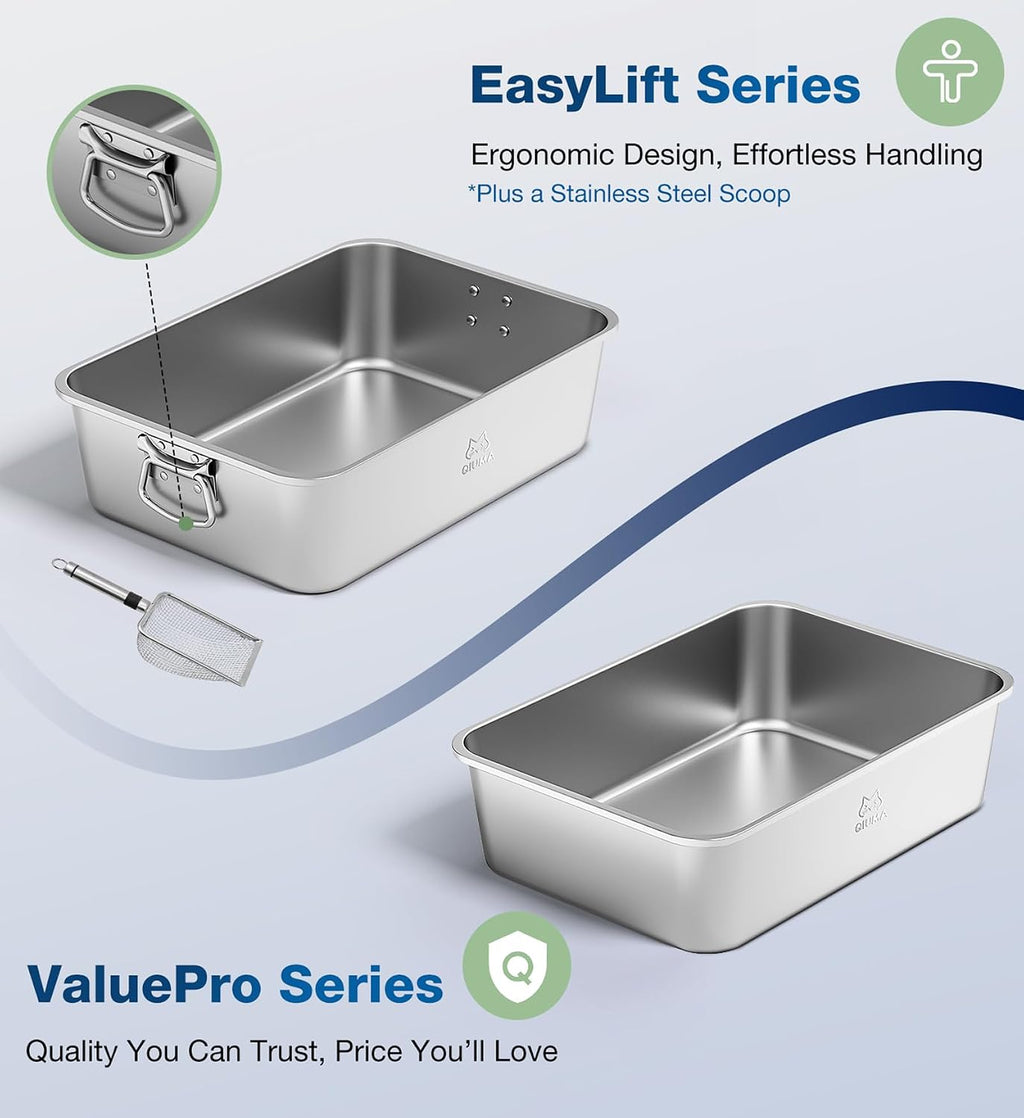 Stainless Steel Cat Litter Box, Metal Kitty Litter Box for Small Cats, Non-Stick, Easy to Clean, Odor-Free, 15.6"×11.6"×3.9", Low Entry for Kittens, Rabbits & Small Breeds